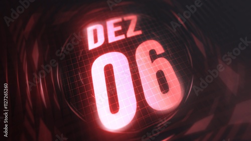 Dezembro 6st, hud calendar with neon red sign in 4k. Calendar with number and month with grid background. photo