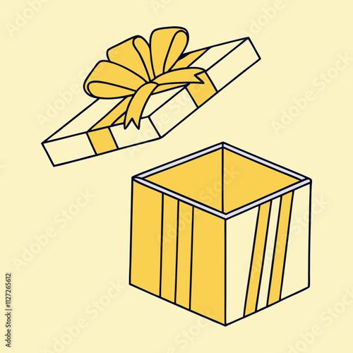 Open lid yellow gift box with decorative bow and ribbon