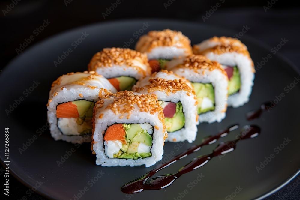 A photo of a plate of vegetarian sushi maki rolls with sesame seeds A photo of a plate of vegetarian sushi maki rolls with sesame seeds