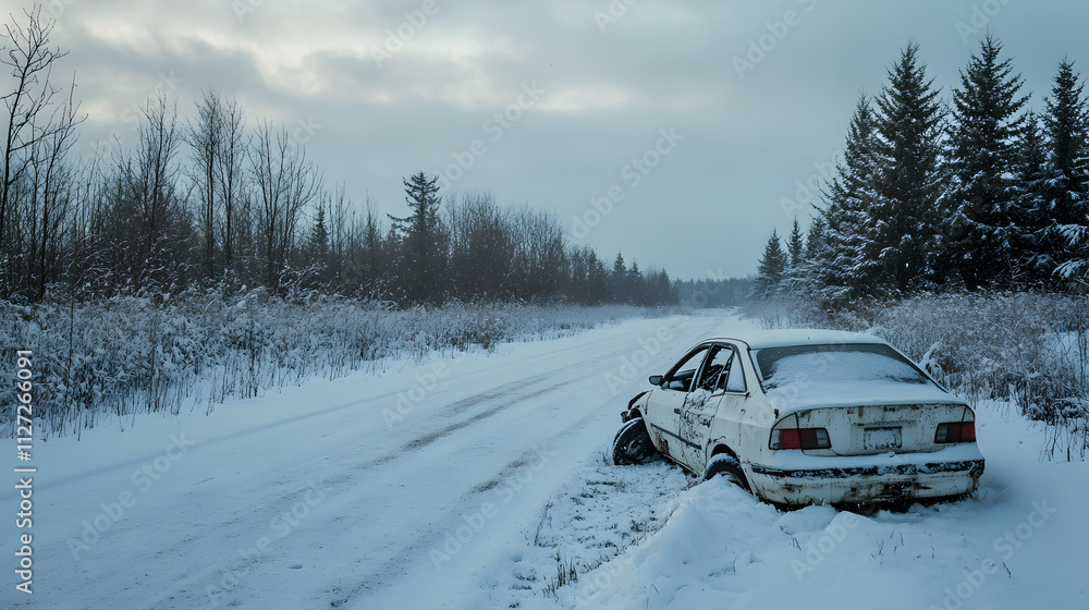 A hatchback abandoned on the side of a snowy road its summer tires partially buried in snow.