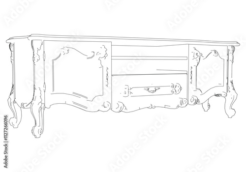 Elegant antique sideboard furniture and home interior decorations in trendy vintage retro style. Modern hand drawn black sketch vector illustrations isolated on white background