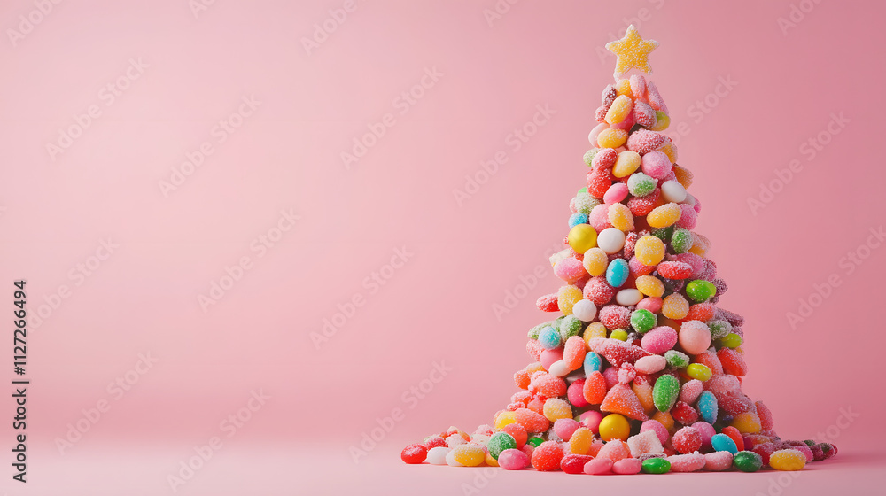 Christmas tree out of Candy and sweets on Pink background with copy space Christmas tree out of Candy and sweets on Pink background with copy space