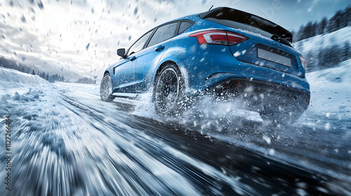 A hatchback attempting to accelerate on a snowy road skidding wildly as snow flies from its tires.