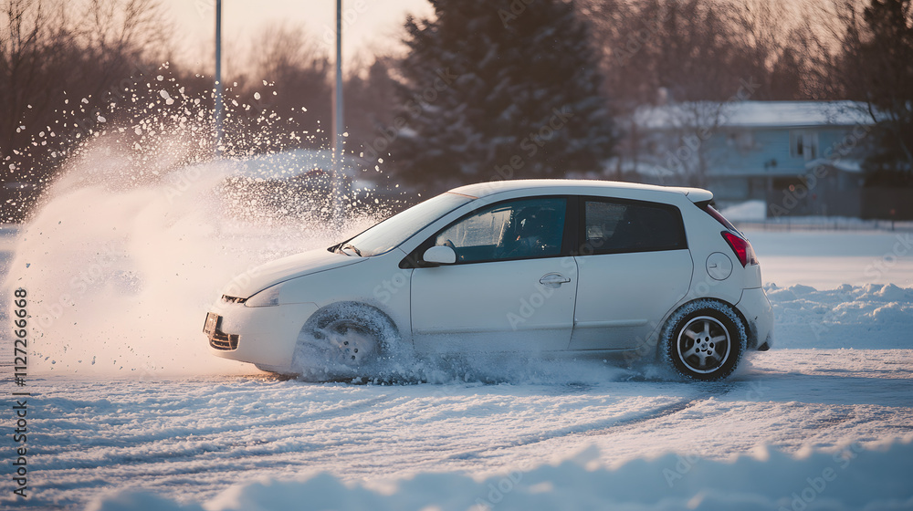 A hatchback spinning in a snowy parking lot summer tires creating polished icy patches.