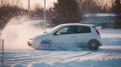 Obraz na płótnie A hatchback spinning in a snowy parking lot summer tires creating polished icy patches. w salonie