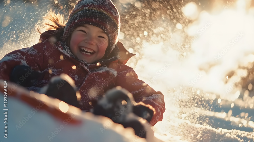 A joyful child sledding down a snowy hill with a bright smile.