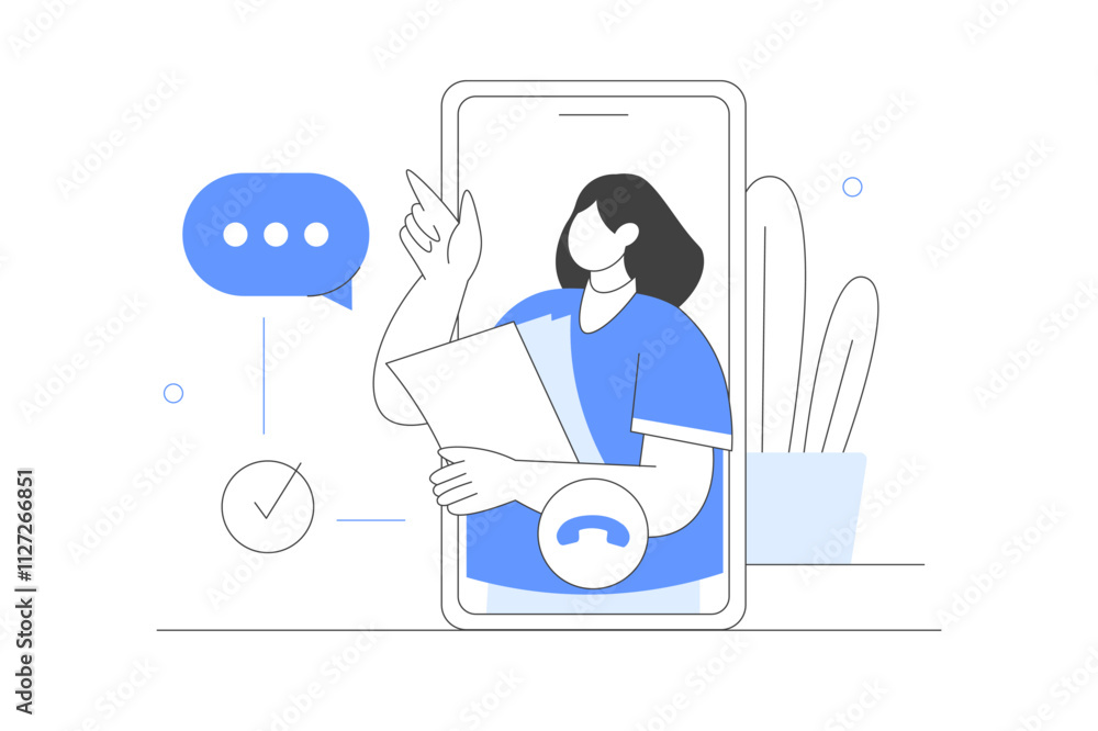 Talking with customer support on smartphone. Female customer service agent helping to client. Online customer support and helpdesk concept. Flat Cartoon Vector Illustration, icon. Stylish abstract Talking with customer support on smartphone. Female customer service agent helping to client. Online customer support and helpdesk concept. Flat Cartoon Vector Illustration, icon. Stylish abstract