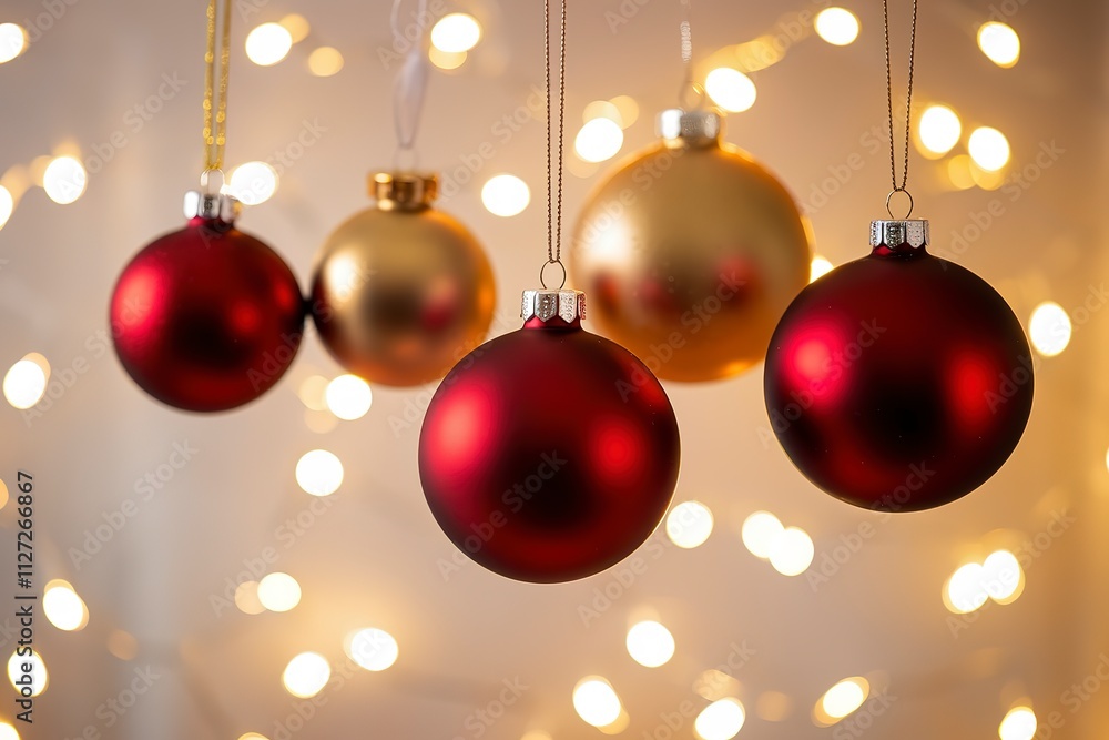 A photo of four hanging ornaments against a backdrop of soft, glowing lights A photo of four hanging ornaments against a backdrop of soft, glowing lights
