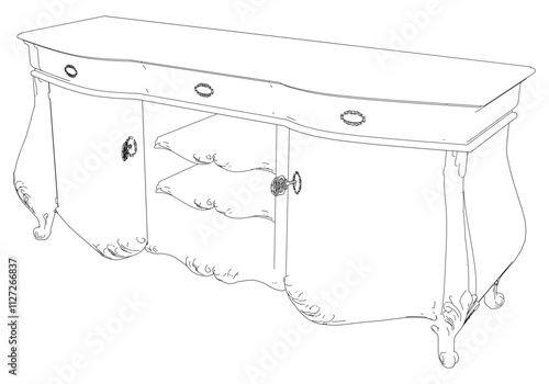 Elegant antique sideboard furniture and home interior decorations in trendy vintage retro style. Modern hand drawn black sketch vector illustrations isolated on white background