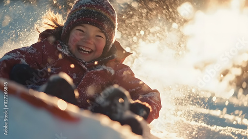 Obraz na płótnie A joyful child sledding down a snowy hill with a bright smile. w salonie