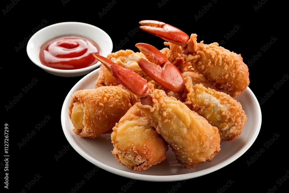 a plate of golden-brown, crispy breaded deep-fried crab meat rolls a plate of golden-brown, crispy breaded deep-fried crab meat rolls