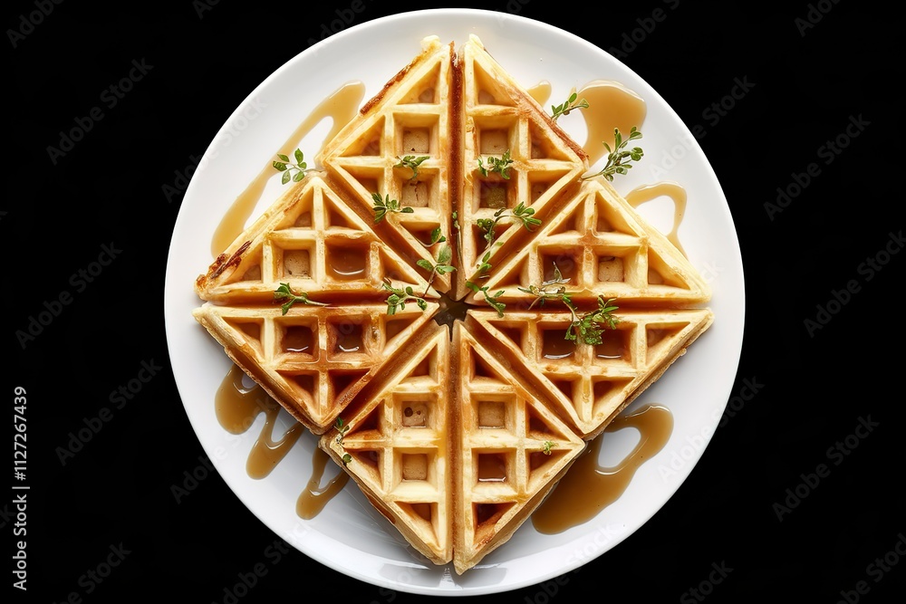 a plate of savory waffles, garnished with fresh herbs and drizzled with a light brown sauce a plate of savory waffles, garnished with fresh herbs and drizzled with a light brown sauce