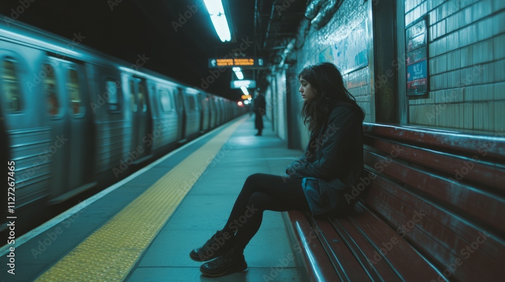 Woman sits alone on a subway platform bench, a train speeding past in the background. Woman sits alone on a subway platform bench, a train speeding past in the background.