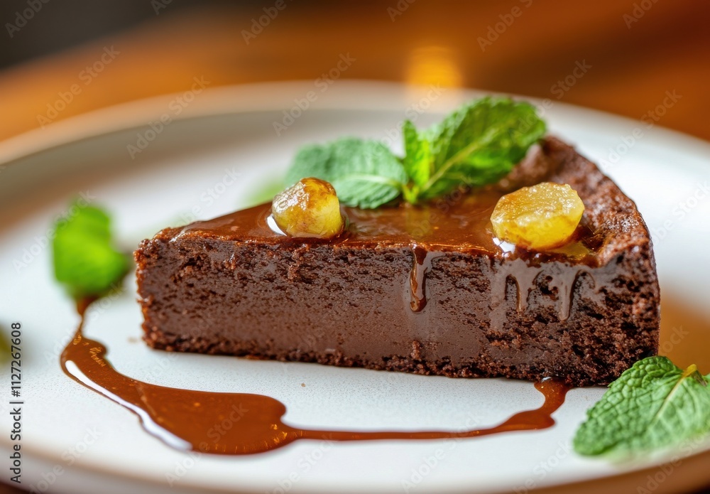 Decadent Chocolate Dessert With Garnishes of Mint Leaves and Glazed Fruit Served on White Plate in Cozy Dining Setting Decadent Chocolate Dessert With Garnishes of Mint Leaves and Glazed Fruit Served on White Plate in Cozy Dining Setting