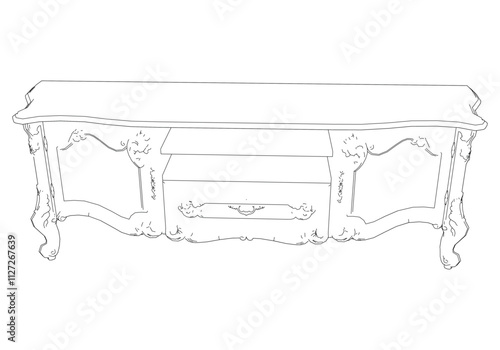Elegant antique sideboard furniture and home interior decorations in trendy vintage retro style. Modern hand drawn black sketch vector illustrations isolated on white background
