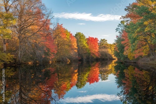 A serene autumn landscape photo with a calm body of water