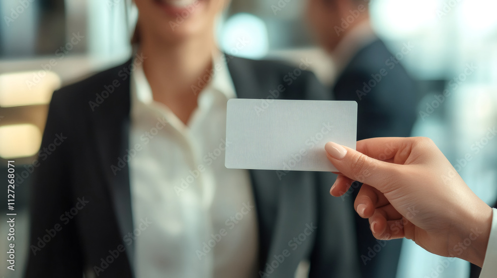 Image of a businesswoman smiling while holding a blank business card during a meeting, emphasizing the potential for professional networking Image of a businesswoman smiling while holding a blank business card during a meeting, emphasizing the potential for professional networking