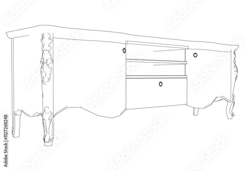 Elegant antique sideboard furniture and home interior decorations in trendy vintage retro style. Modern hand drawn black sketch vector illustrations isolated on white background