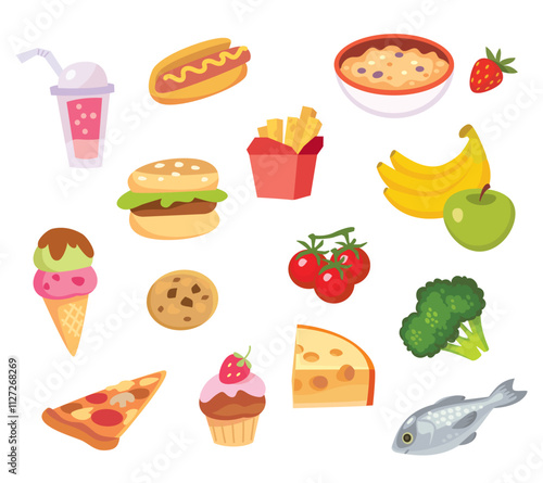 Food icons set collection. Fast food, healthy food restaurant menu, assortment. Lunch meals dishes isolated on white background. Vector flat illustration cartoon childish childrens primitive style.