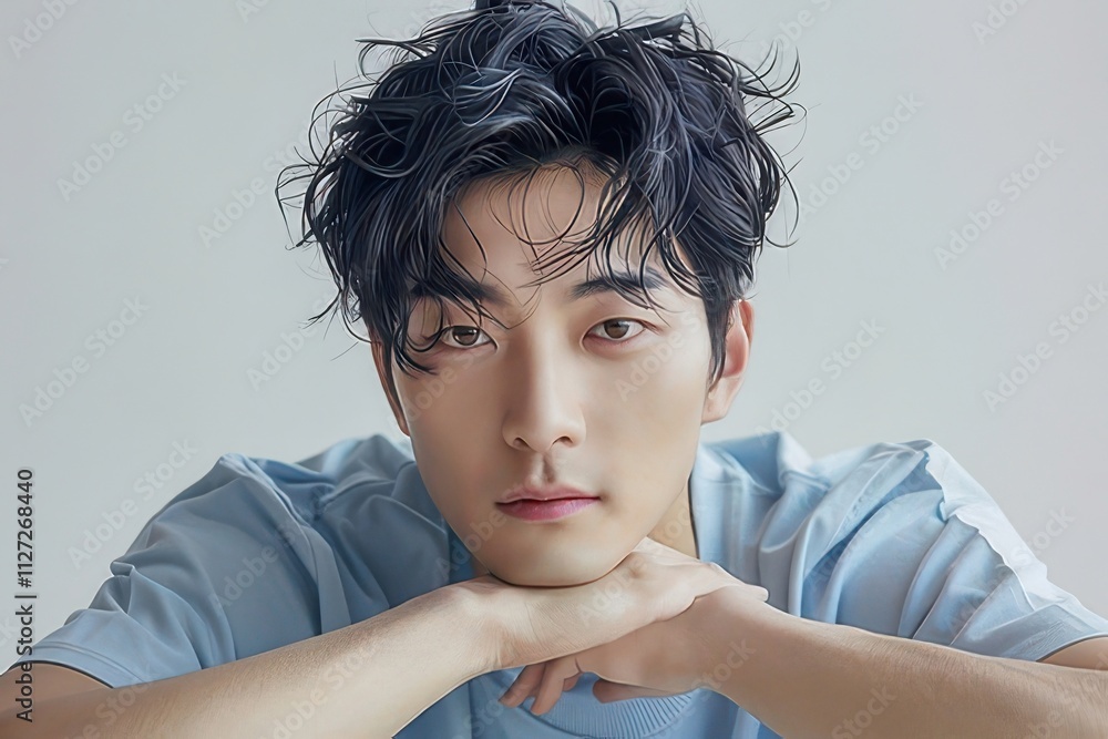 Young Asian man with dark, wavy hair, resting his chin on his hands, wearing a light blue t-shirt. Young Asian man with dark, wavy hair, resting his chin on his hands, wearing a light blue t-shirt.