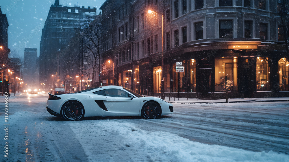 A luxury sports car stuck in the middle of a snowy intersection its sleek summer tires spinning.