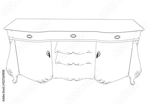 Elegant antique sideboard furniture and home interior decorations in trendy vintage retro style. Modern hand drawn black sketch vector illustrations isolated on white background