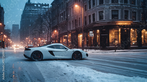 Obraz na płótnie A luxury sports car stuck in the middle of a snowy intersection its sleek summer tires spinning. w salonie