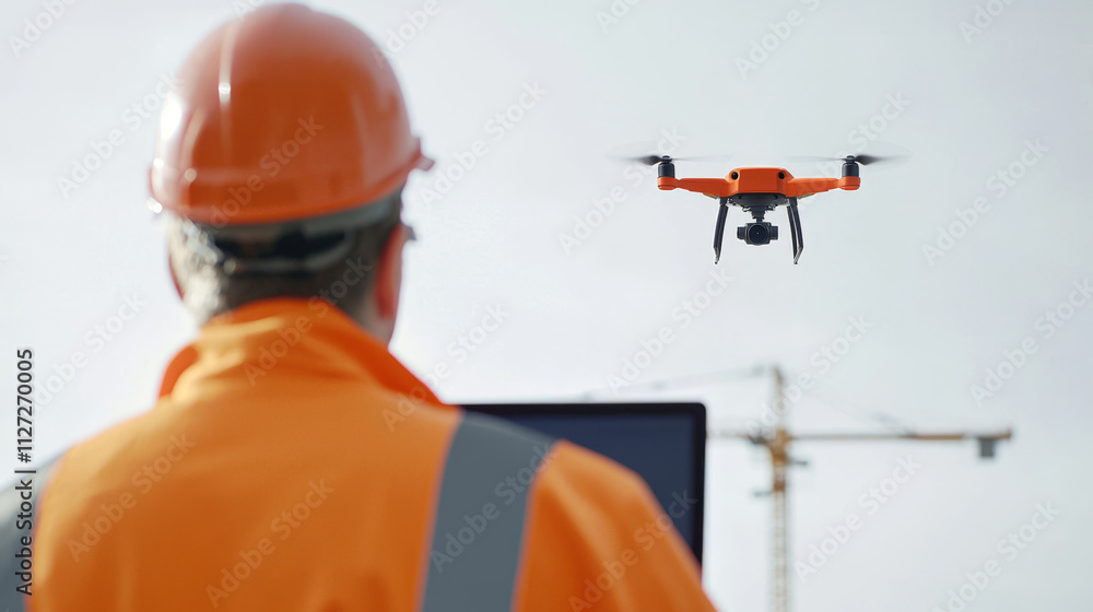 construction worker monitors drone flying at site construction worker monitors drone flying at site