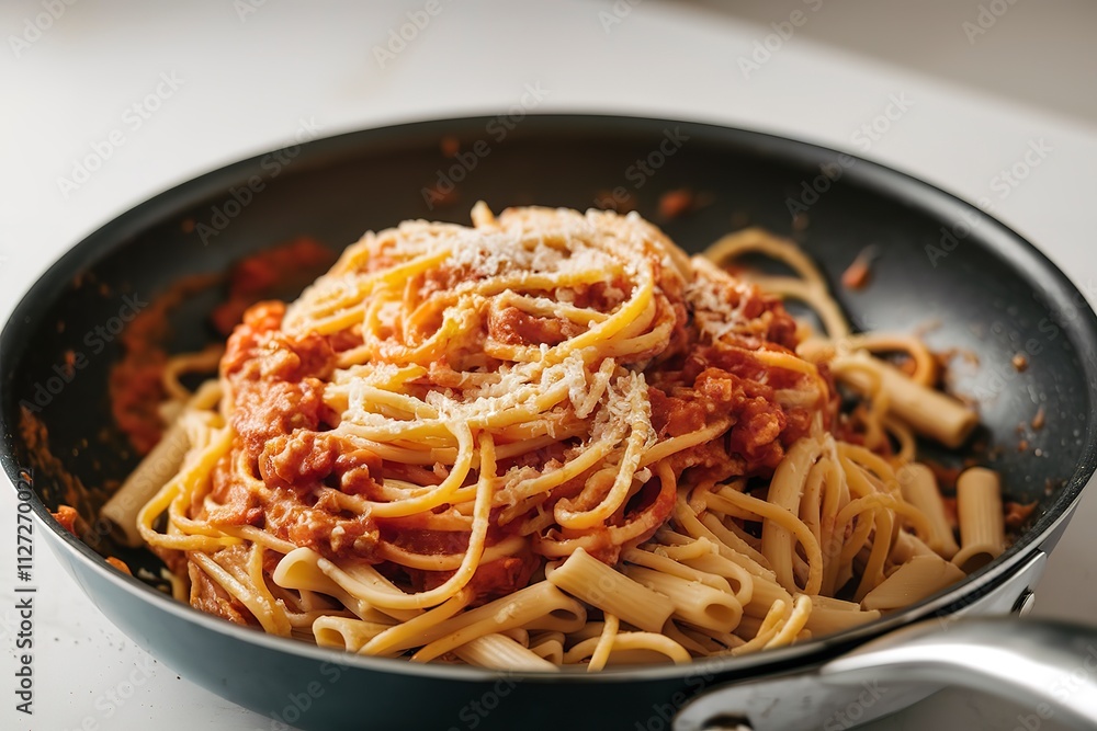 A photo of a closeup shot of freshly made pasta in a pan A photo of a closeup shot of freshly made pasta in a pan