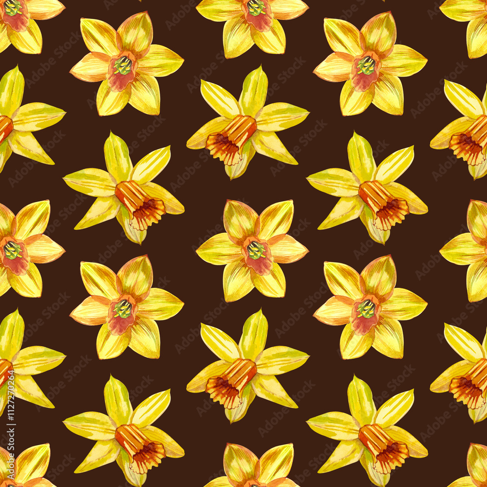 Yellow daffodils of different shapes, hand-painted in watercolor. Seamless watercolor pattern with daffodils on a dark brown background. For printing on cards, invitations, March 8, spring products Yellow daffodils of different shapes, hand-painted in watercolor. Seamless watercolor pattern with daffodils on a dark brown background. For printing on cards, invitations, March 8, spring products