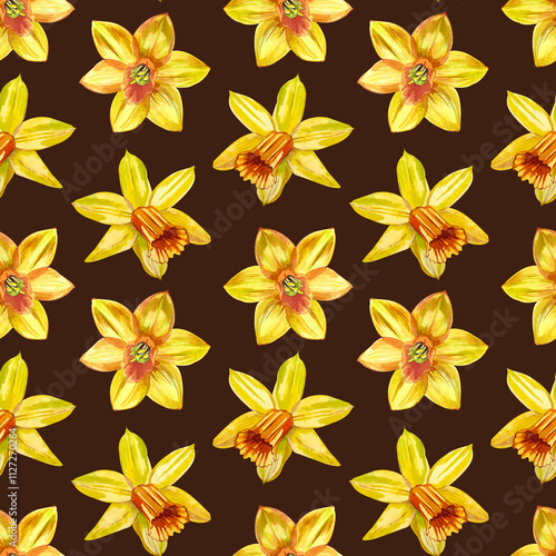 Yellow daffodils of different shapes, hand-painted in watercolor. Seamless watercolor pattern with daffodils on a dark brown background. For printing on cards, invitations, March 8, spring products