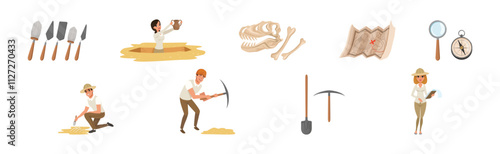Man and Woman at Archaeological Excavation with Tools Vector Set