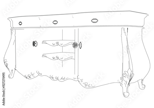 Elegant antique sideboard furniture and home interior decorations in trendy vintage retro style. Modern hand drawn black sketch vector illustrations isolated on white background