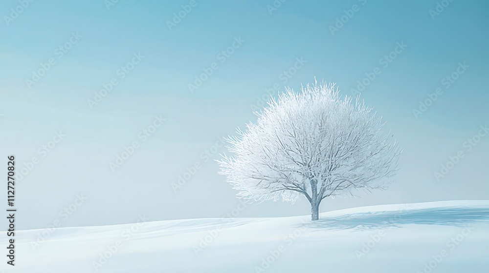 Solitary snow-covered tree on a serene winter landscape. Solitary snow-covered tree on a serene winter landscape.