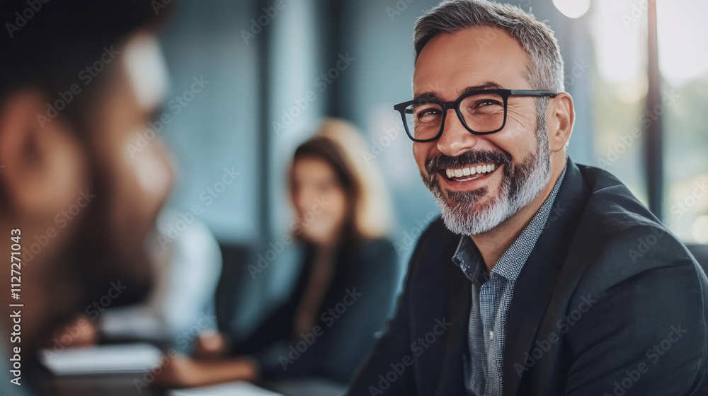 Photo of a cheerful businessman in glasses conversing with coworkers at a contemporary office meeting Photo of a cheerful businessman in glasses conversing with coworkers at a contemporary office meeting