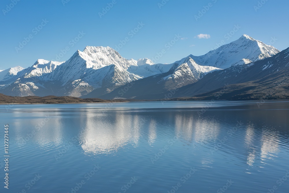 A photo of a scenic landscape with a calm lake surrounded by snow-capped mountains under a clear blue sky A photo of a scenic landscape with a calm lake surrounded by snow-capped mountains under a clear blue sky