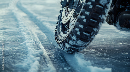 A motorbike fitted with studded tires carving precise tracks across a frozen lake.