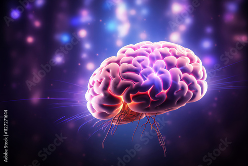 Purple neon human brain showing intelligent thinking, processing through the concept of a neural network circuit of big data and artificial intelligence, thought concept stock illustration image