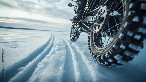 A motorbike fitted with studded tires carving precise tracks across a frozen lake.