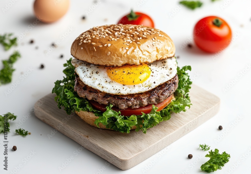 Delicious gourmet hamburger with fresh ingredients featuring beef patty, fried egg, lettuce, tomato, sesame bun, and spices on a wooden board with vegetables Delicious gourmet hamburger with fresh ingredients featuring beef patty, fried egg, lettuce, tomato, sesame bun, and spices on a wooden board with vegetables