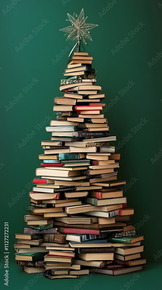 Christmas Tree concept background. xmas tree out of Books and literature on Green Background, Copy space Christmas Tree concept background. xmas tree out of Books and literature on Green Background, Copy space