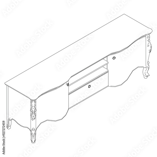 Elegant antique sideboard furniture and home interior decorations in trendy vintage retro style. Modern hand drawn black sketch vector illustrations isolated on white background