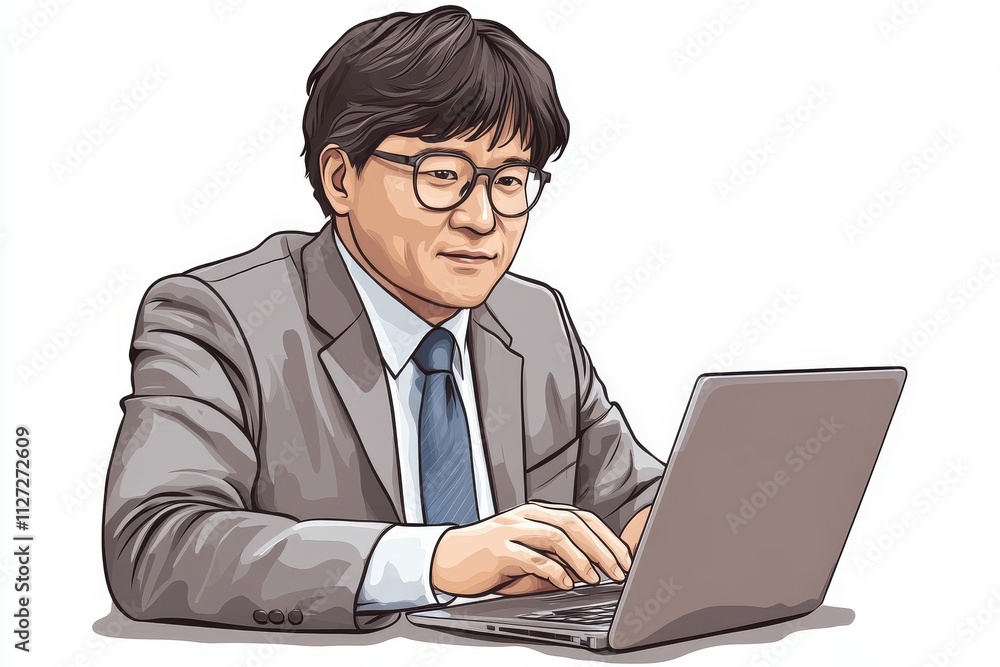 Business Professional Working on Laptop in Office Setting with Focused Expression and Formal Attire Business Professional Working on Laptop in Office Setting with Focused Expression and Formal Attire