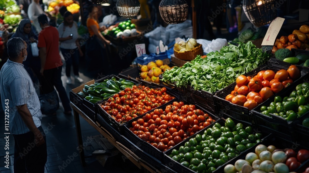 Fototapeta premium A man stands in front of a vegetable stand with a variety of produce including t