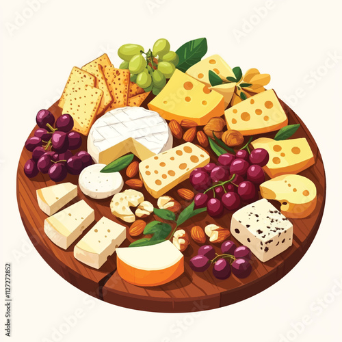 A gourmet platter with perfectly cut cheese cubes and slices in various types like cheddar, brie, and gouda, surrounded by nuts and grapes on a rustic wooden board

