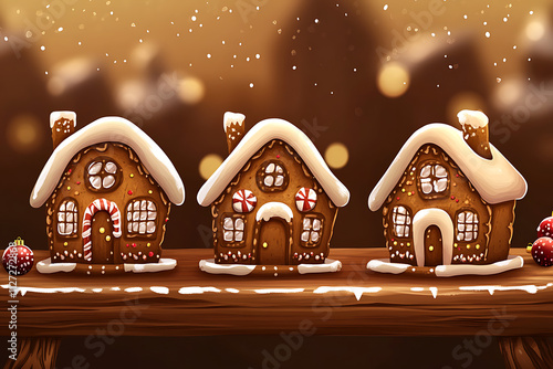 A festive display of three gingerbread houses decorated with icing and candy.