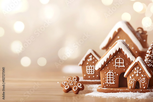 A festive display of gingerbread houses with snowy roofs and holiday decorations.