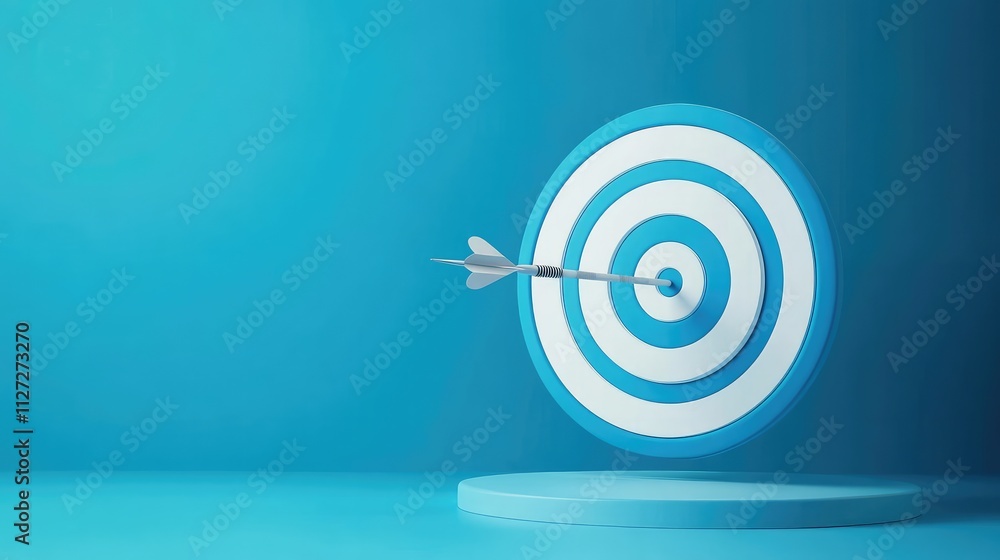 3D Vector Illustration of a Blue and White Target with a Dart Hitting the Center, Symbolizing Precision and Achievement Against a Solid Blue Background 3D Vector Illustration of a Blue and White Target with a Dart Hitting the Center, Symbolizing Precision and Achievement Against a Solid Blue Background