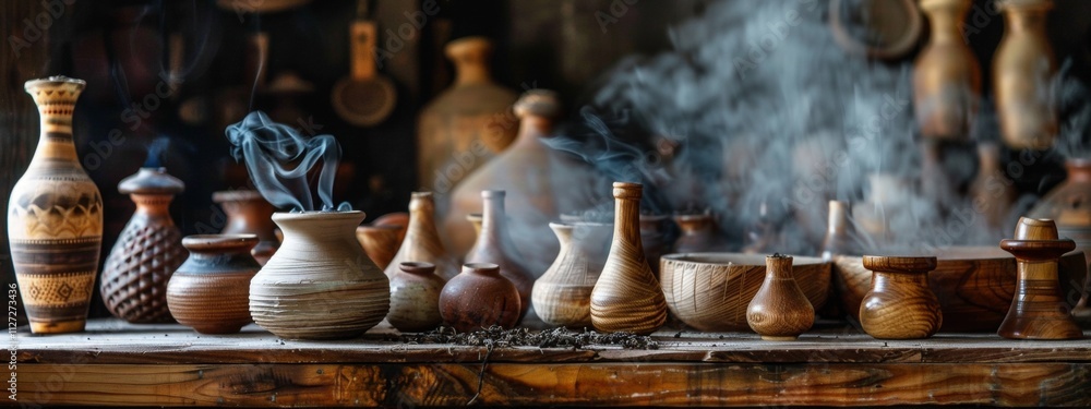 Rustic wooden vases with smoke and earthy textures Rustic wooden vases with smoke and earthy textures
