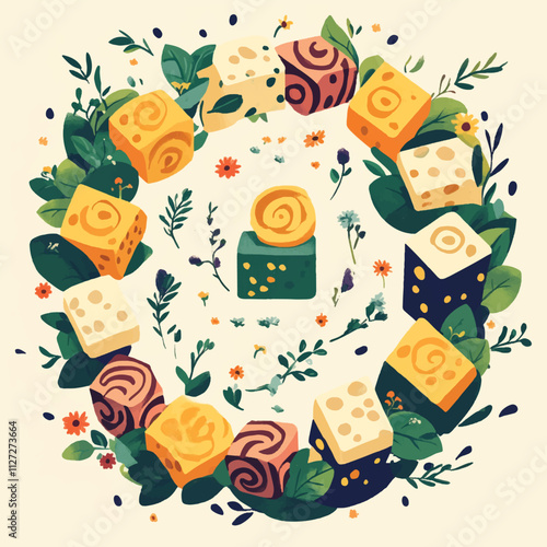 flat illustration of an abstract arrangement of colorful cheese dices
